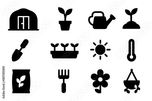 Greenhouse Icon Set. Greenhouse farming. Line icon set of greenhouse farming: greenhouse, plant, thermometer, sun, watering can, seedling, light bulb, humidity