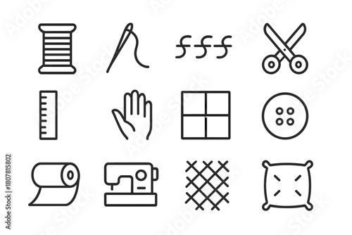 Textile Craftsmanship Icons. Textile craftsmanship. Line icon set of textile craftsmanship: thread spool, needle, stitch, scissors, ruler, hand, pattern,