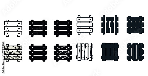 Black and white wooden pallet icon set with varied designs