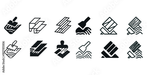 Black and white flooring and painting tool icons collection