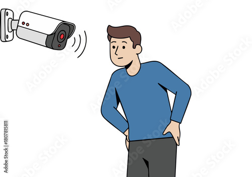 man observes a security camera appearing slightly apprehensive Clean modern illustration style Focus on visual communication