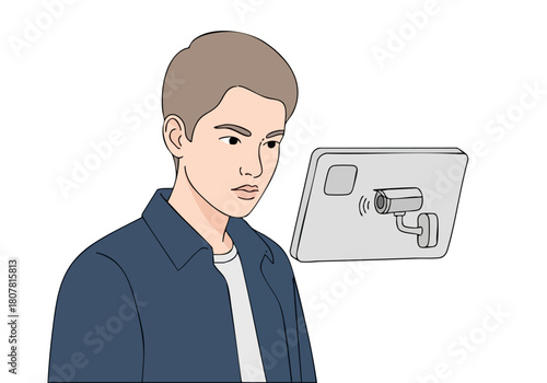 man observes a security camera conveying a sense of surveillance and unease Modern minimalist style Focus on the man's expression