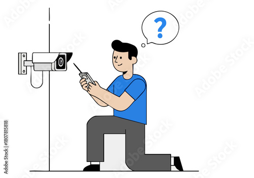 man troubleshoots a security camera using a smartphone Alert icon suggests technical support Modern minimalist setting