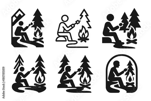 Campfire Icon Variations. A person sitting by a campfire in the woods, roasting marshmallows and telling stories. Icon set. Set Logo of A person sitting by a