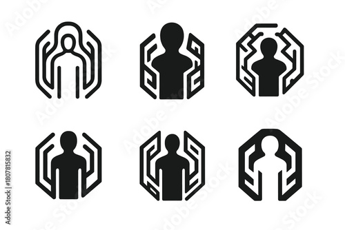 Depression Wall Icon Set. Wall of depression closing in around a figure. Icon set. Set Logo of wall of depression closing in around a figure: maze walls