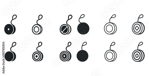 Set of ten black and white yo-yo icon variations in different designs