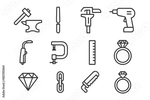 Precision Tool Icons. Precision Metalwork. Line icon set of Precision Metalwork: hammer, anvil, file, caliper, drill, torch, clamp, ruler, ring, gemstone,