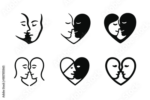 Harmony Emblem Icons. Loving glances and facial expressions between partners. Icon set. Set Logo of loving glances and facial expressions between partners: