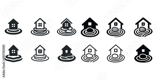 Flood protection icons: house and water level symbols in various styles