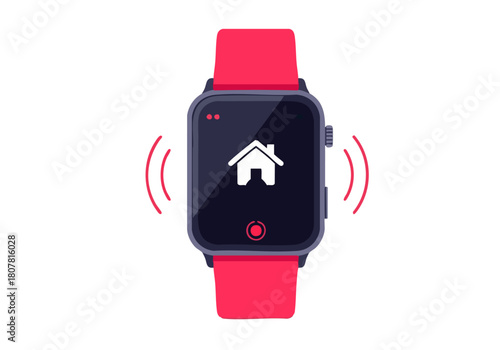 smartwatch displays a house icon with a warning connected via wireless signals -Always Protected Tech- tagline Modern bright graphic illustration