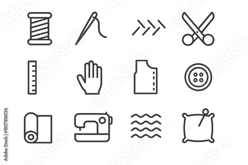 Textile Craftsmanship Icons. Textile craftsmanship. Line icon set of textile craftsmanship: thread spool, needle, stitch, scissors, ruler, hand, pattern,