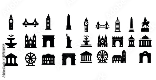 Silhouette icons of global landmarks and tourist attractions
