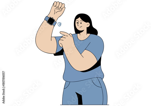 stylish woman gestures towards her smartwatch conveying a positive and connected vibe Modern illustration with a blue color palette