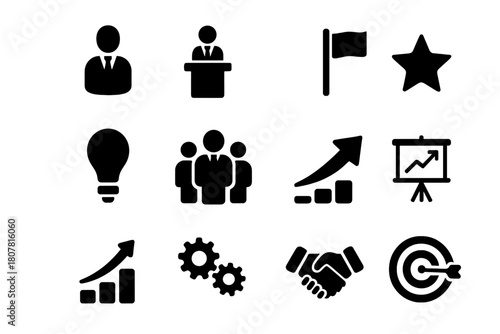 Leadership Icon Set. Leadership. Solid icon set of leadership: leader figure, podium, flag, lightbulb, people group, star, upward arrow, gears, plan board,