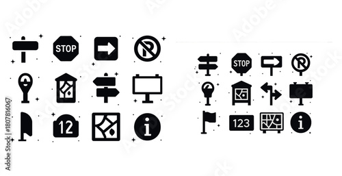Road signs collection: stop, parking, directional, and informational icons