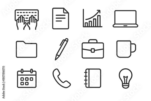Corporate Workflow Icons. Corporate Workflow. Line icon set of Corporate Workflow: hands typing, document, chart, laptop, folder, pen, briefcase, notepad,