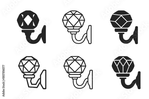 Curtain Tieback Logos. Curtain tieback. Icon set. Set Logo of curtain tieback: crystal knob medallion. harmonious logo variations of the same emblematic