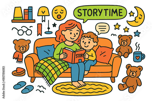 Cozy Storytime Scene. Storytime on the sofa. Colorful Hand-drawn doodle Children illustration Storytime on the sofa open book, blanket, pillows, lamp, glasses,