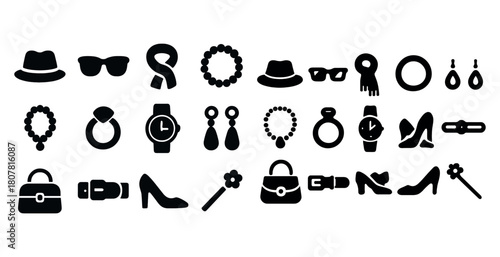 Fashion accessories collection: hats, sunglasses, jewelry, watches, shoes
