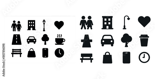 Collection of black icons: urban, transportation, and lifestyle symbols