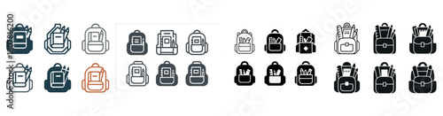 Collection of stylized backpack icons in various designs and colors