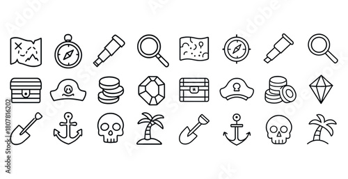 Outline icons of treasure hunt tools with maps and compasses