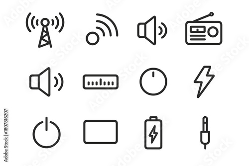 Radio Signal Icons. Radio signals. Line icon set of radio signals: antenna, signal waves, radio, speaker, tuning dial, volume knob, power button, display