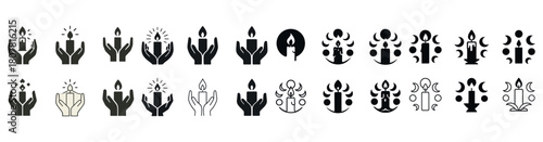 Collection of minimalist hand and candle symbols in various black and white designs