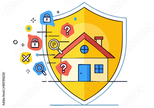 vibrant shield protects a house icon symbolizing security and digital protection Icons of a lock magnifying glass and question mark surround the design -Sunlit Shield ON