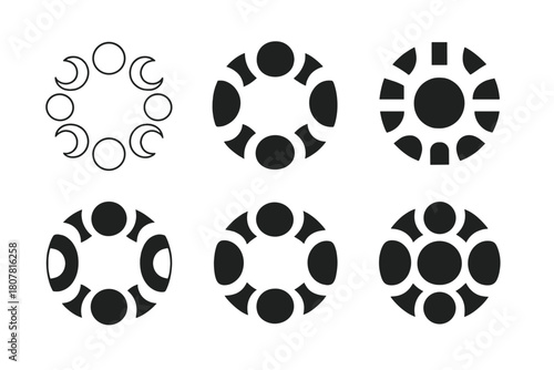 Moon Phase Logos. Moon phases. Icon set. Set Logo of moon phases: eight-phase arc around a central circle. harmonious logo variations of the same emblematic