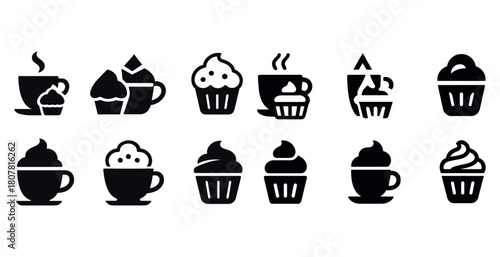 Black and white coffee and cupcake icons set