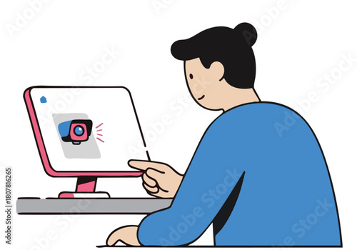 woman monitors a computer screen with motion detection alert displayed Modern illustration style focusing on security and technology Clean bright design