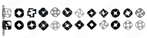 Black and white handshake logo designs in various geometric shapes