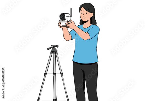 woman sets up a camera on a tripod demonstrating product photography Clean modern style Suitable for commercial use