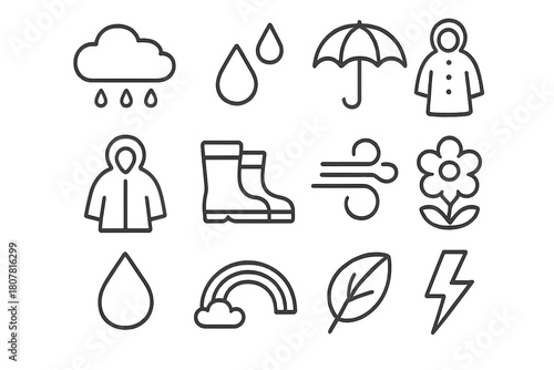 Rainy Season Icons. Rainy season. Line icon set of Rainy season: cloud, raindrops, puddle, umbrella, raincoat, boots, wind, water droplet, rainbow, flower,