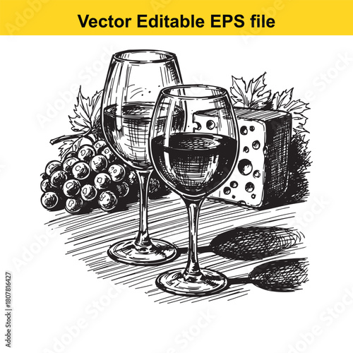 Handdrawn sketch of wine glasses with cheese and grapes, creating a rustic and elegant still life isolated on