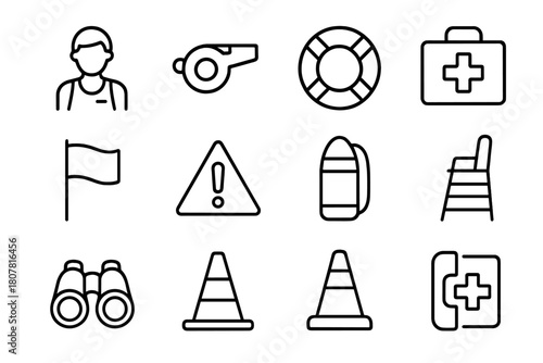 Swimmer Safety Icons. Swimmer safety. Line icon set of swimmer safety: lifeguard, whistle, buoy, lifebuoy, first aid kit, safety flag, warning sign, rescue