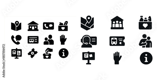 Collection of various icons representing communication, maps, health, and information services