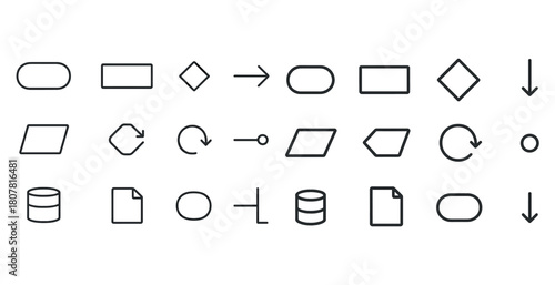 Vector line art of flowchart symbols including arrows and shapes