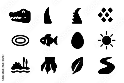Crocodile Icon Set. Crocodiles and alligators. Solid icon set of crocodiles and alligators: crocodile head, tooth, tail, scales, water ripple, fish, egg, sun,