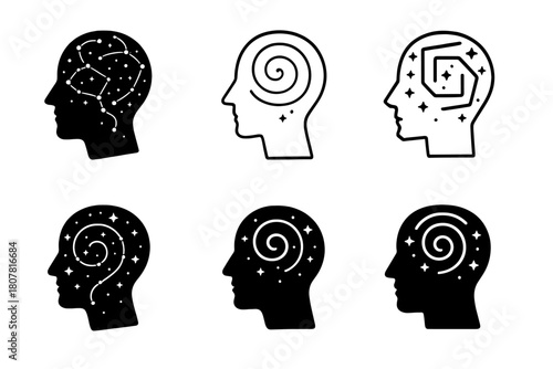 Swirling Night Logos. Night sky filled with swirling thoughts. Icon set. Set Logo of night sky filled with swirling thoughts: silhouette of head with