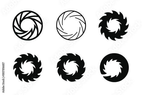 Power Saw Blade Logos. Power saw blade. Icon set. Set Logo of Power Saw Blade: abstract blade forming circular energy symbol. harmonious logo variations of the