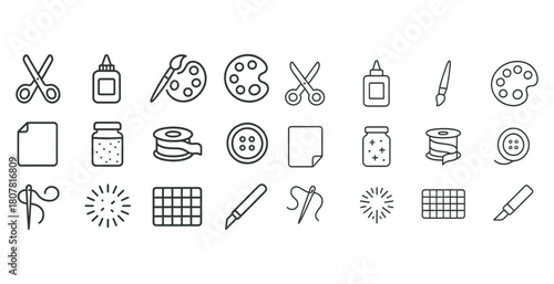Set of crafting icons: scissors, glue, paint, needle, thread, paper, tape, button, knife, dotted patterns