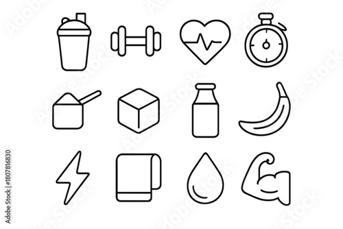 Post-Workout Icon Set. Post-workout recovery shakes. Line icon set of post-workout recovery shakes: shaker bottle, dumbbell, heart rate, stopwatch, protein