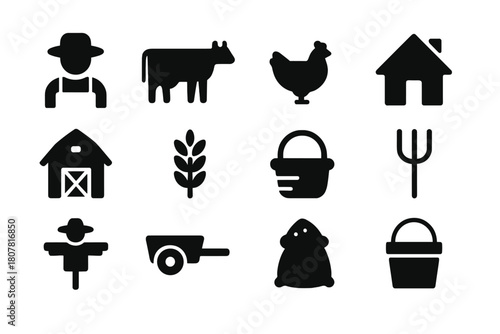 Peasant Life Icons. Peasant Life. Solid icon set of Peasant Life: farmer, cow, chicken, cottage, barn, wheat, basket, pitchfork, scarecrow, cart, sack of