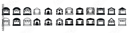 Row of black and white arcade machine icons on white background