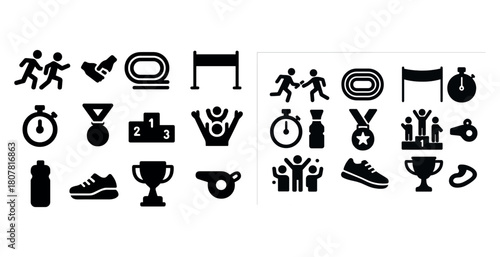 Athletic icons set: running, track, awards, sports equipment