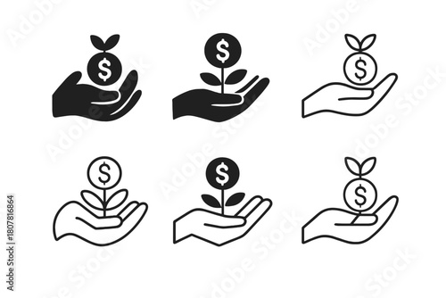 Family Budgeting Icons. Family budgeting. Icon set. Set Logo of family budgeting: family hand holding money sprout. harmonious logo variations of the same