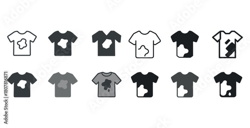 Set of stained t-shirt icons in various styles and colors