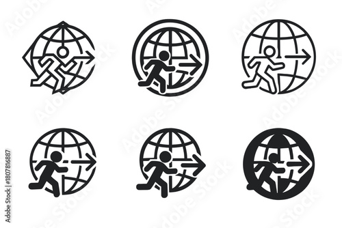 Global Preparedness Icons. Global preparedness. Icon set. Set Logo of Global preparedness: Evacuation routes. harmonious logo variations of the same emblematic